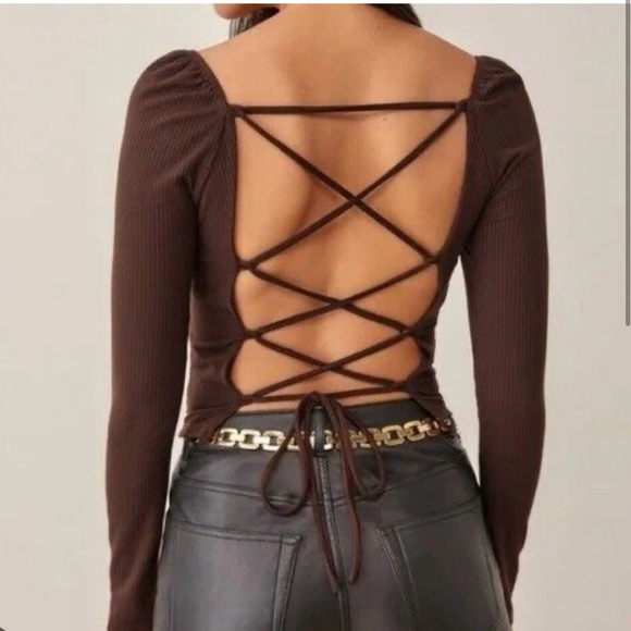 Reformation Chrissy brown lace up long sleeved top - Picture 2 of 5
